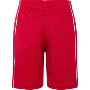 Red sports shorts featuring white side stripes and an elastic waistband. Includes a logo.