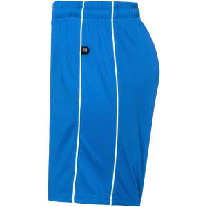 Blue sports shorts featuring a logo and white side stripes, designed for juniors.