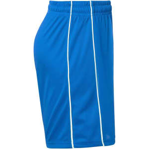 Blue sports shorts featuring white side stripes and an elastic waistband. Suitable for junior sizes.