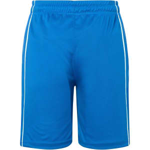 Bright blue sports shorts with white side stripes and an elastic waistband. Features a logo at the front.