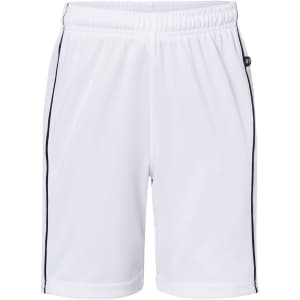 A pair of white sports shorts with black side stripes and a small logo. Suitable for junior sizes.