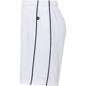 White sports shorts with black side stripes and an elastic waistband, featuring a logo on the front.
