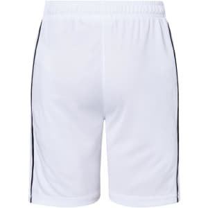 White sports shorts featuring black side stripes and an elastic waistband. Includes a logo on the back.