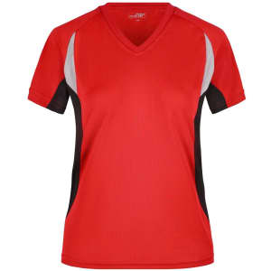 A red ladies running T-shirt with black and grey accents. Features a V-neck and short sleeves, and has a logo.