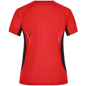 A red ladies running T-shirt featuring black side panels and a logo on the back.