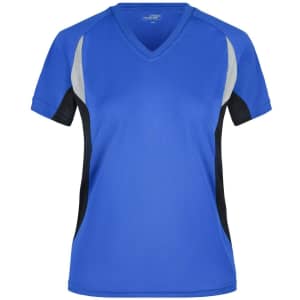 A blue ladies' running T-shirt features short sleeves, a V-neck, and contrasting grey and black panels. It has a logo.