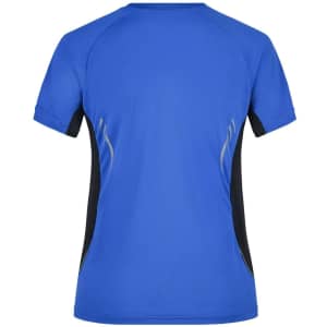 A blue and black ladies' running T-shirt featuring a fitted design and short sleeves, with a logo on the back.