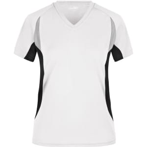 A ladies' running T-shirt in white with grey and black side panels and a V-neck design. Features a logo.