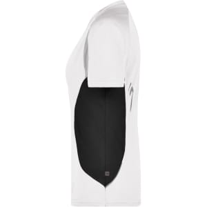 A white T-shirt with black side panels and short sleeves. It features a logo on one side.