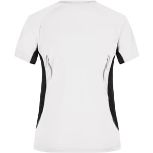 A women's T-shirt in white with black side panels and a logo. Features short sleeves and a sporty design.