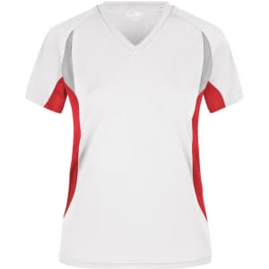 A white v-neck t-shirt with red and grey accents, featuring a logo on the front. Suitable for ladies running.