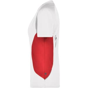 A white ladies' T-shirt featuring red fabric on the side and a logo on the front.