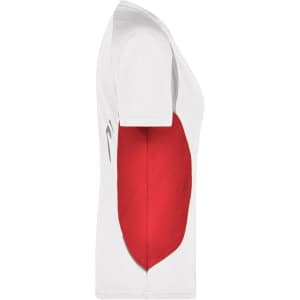 A white T-shirt with a red side panel and a logo on the front.