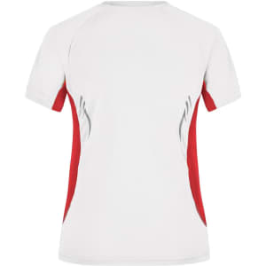 A ladies' running T-shirt in white with red accents and a logo, featuring a sporty design and short sleeves.