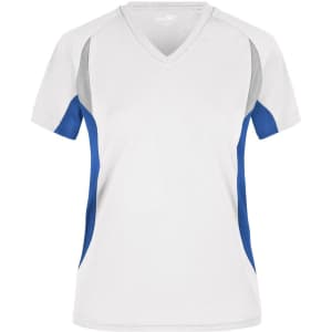 A white and blue women's running T-shirt with grey accents and a V-neck design. The shirt features a logo.