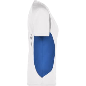 A white T-shirt with a blue side panel, featuring a logo on the front. Suitable for ladies running.