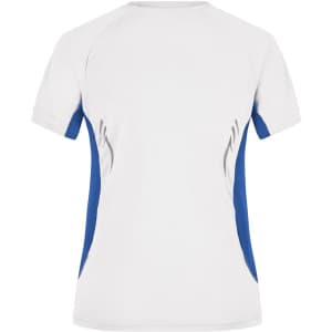 A women's short-sleeve running T-shirt in white and blue, featuring a side panel design. It has a logo on it.