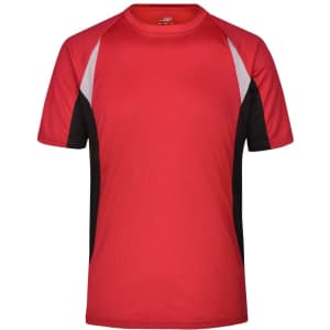 A red men's running t-shirt with black and white accents, featuring a logo on one side.