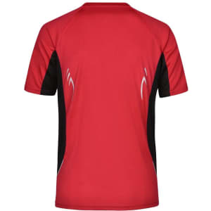 A red and black men's running T-shirt featuring a logo and contrasting side panels.