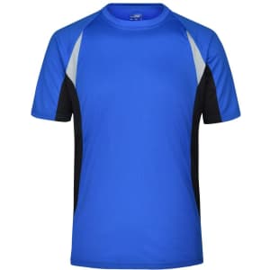 A blue men's running T-shirt with black and grey accents, featuring a logo. Short sleeves and a breathable design.