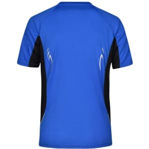 A blue and black men's running T-shirt with a logo, featuring short sleeves and a sporty design.