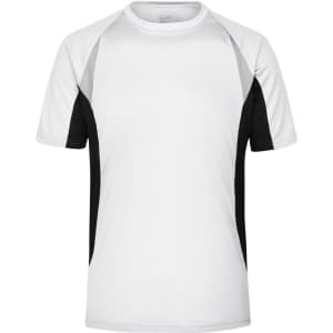 A short-sleeve men's running T-shirt in white with black and grey panels. Features a logo on the front.
