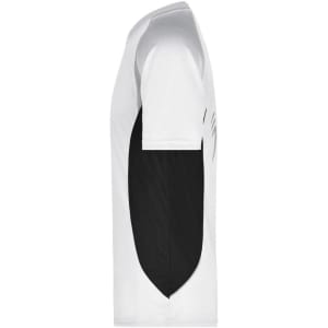 A men's running T-shirt featuring a white body with a black side panel and a logo.