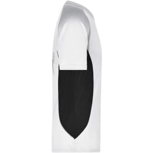 A white and black men's running T-shirt featuring short sleeves and a side view design. It has a logo on the front.