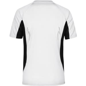 A white and black men's running T-shirt with contrast side panels and a logo on the back.