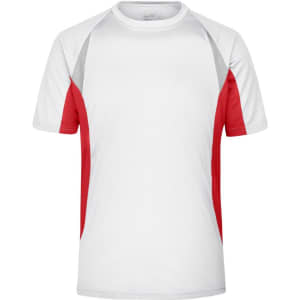 A men's running T-shirt in white with red and grey accents. It features short sleeves and has a logo.
