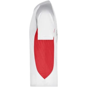 A men's running T-shirt featuring a white body and red accents, with a logo on the side.