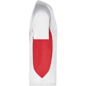 A white men's running T-shirt featuring red side panels and a logo.