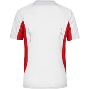 A men's running T-shirt featuring a white body with red sleeves and a logo on the back.
