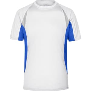 A men's short-sleeved running T-shirt in white with blue and grey accents. It features a logo on the chest.