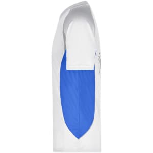 A men's running T-shirt featuring a white body with a blue panel on the side and a logo on it.