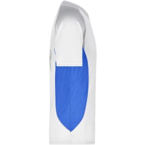 A men's T-shirt featuring a white body with blue side panels and a logo on the front.