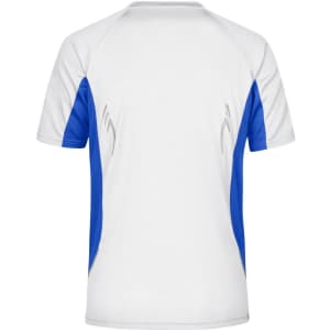 A men's running T-shirt featuring a white body with blue side panels and a logo on the back.