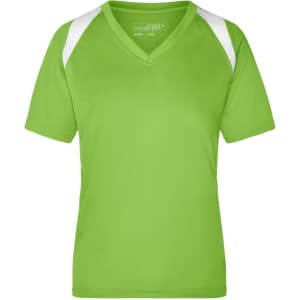 A vibrant green T-shirt with white accents, featuring a V-neck design and short sleeves, with a logo present.