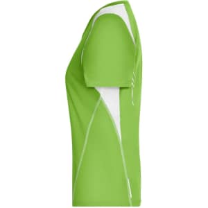 A green ladies’ running T-shirt featuring white accents and a logo on the side.