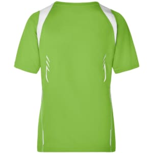 A bright green ladies' running T-shirt with white accents on the shoulders and sides. Features a logo.