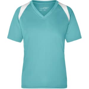 A teal ladies' T-shirt with white accents on the shoulders and a v-neck design. Features a logo on the front.