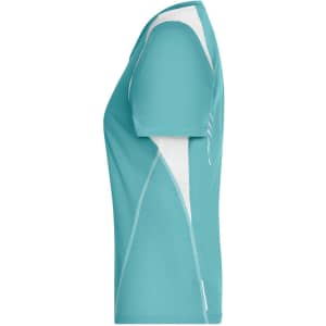 A teal ladies T-shirt with white accents, featuring short sleeves and a fitted design. It has a logo on the side.