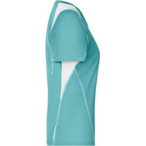 A turquoise ladies running T-shirt with white accents, featuring a logo on the side.