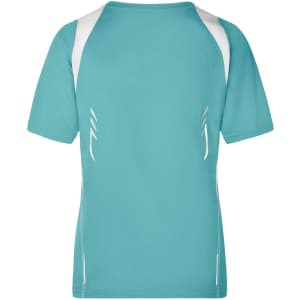 A turquoise ladies' running T-shirt with white accents on the shoulders and sides. Features a logo.