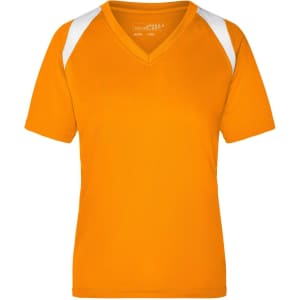 A vibrant orange T-shirt with white shoulder accents and a V-neck design. It features a logo on the front.