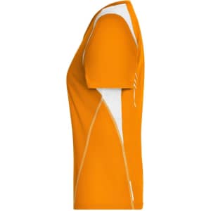 An orange ladies' T-shirt featuring white accents and a logo, showcasing a fitted design.