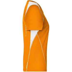 An orange women's t-shirt with white accents and a fitted style, featuring a logo on it.