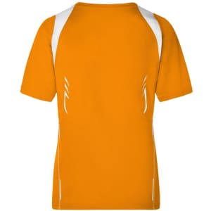 An orange ladies' running t-shirt with white detailing on the shoulders and back. Features a logo at the front.
