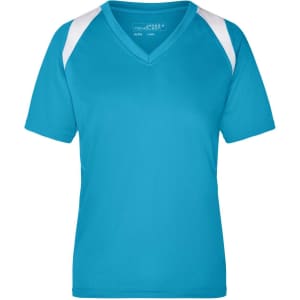 A turquoise ladies' T-shirt with white accents on the shoulders and a V-neckline. It features a logo on the label.
