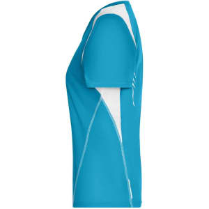A turquoise ladies' T-shirt with white accents, styled for running. It features a logo on the side.